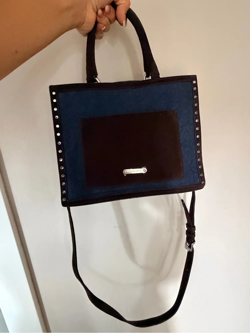 Rebecca Minkoff Navy Suede Satchel with Brown Trim
